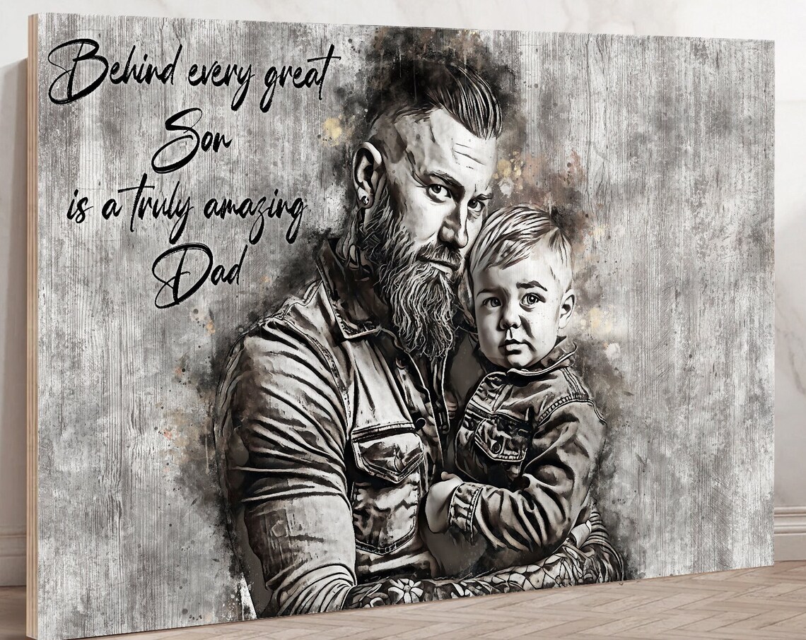 Dad and Son Watercolor Portrait Quote Rustic Wood Style Poster