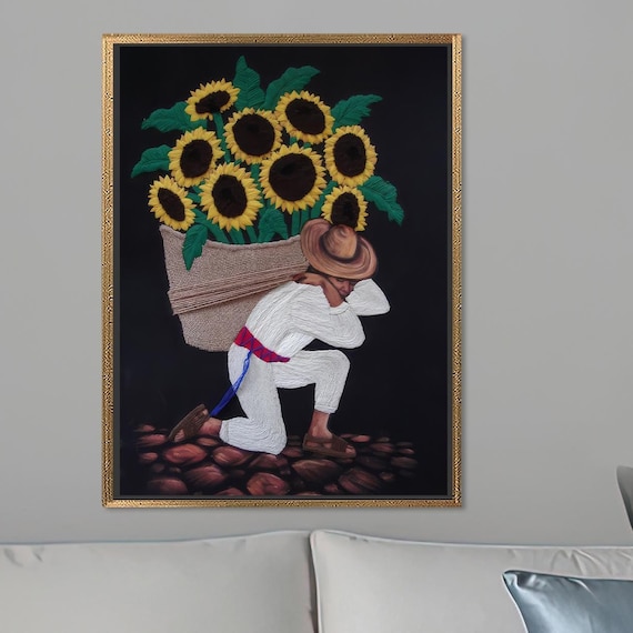 Sunflower Harvest Farmer Embroidery Style Folk Art Floral Poster