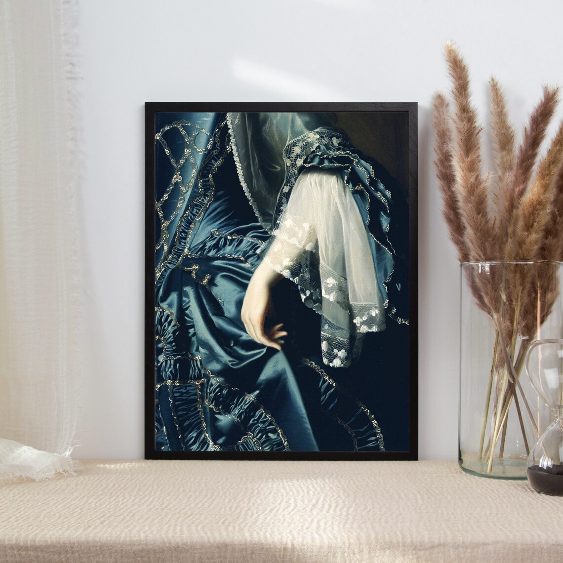 Victorian Woman Blue Satin Dress Lace Sleeve Oil Painting Detail Poster - Image 2