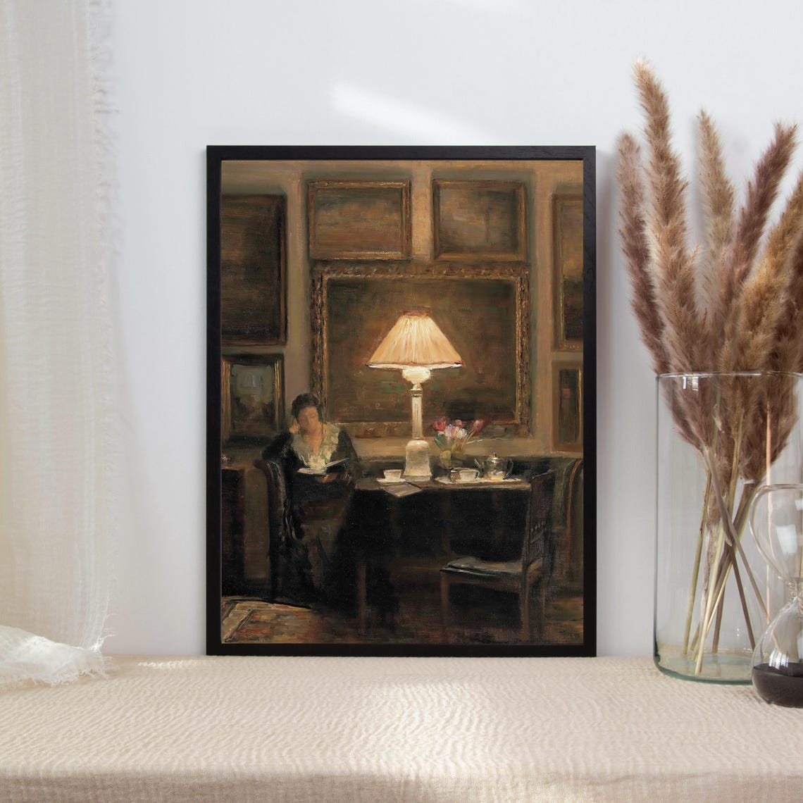 Woman Reading By Lamplight In A Warm Old Vintage Study Poster - Image 2
