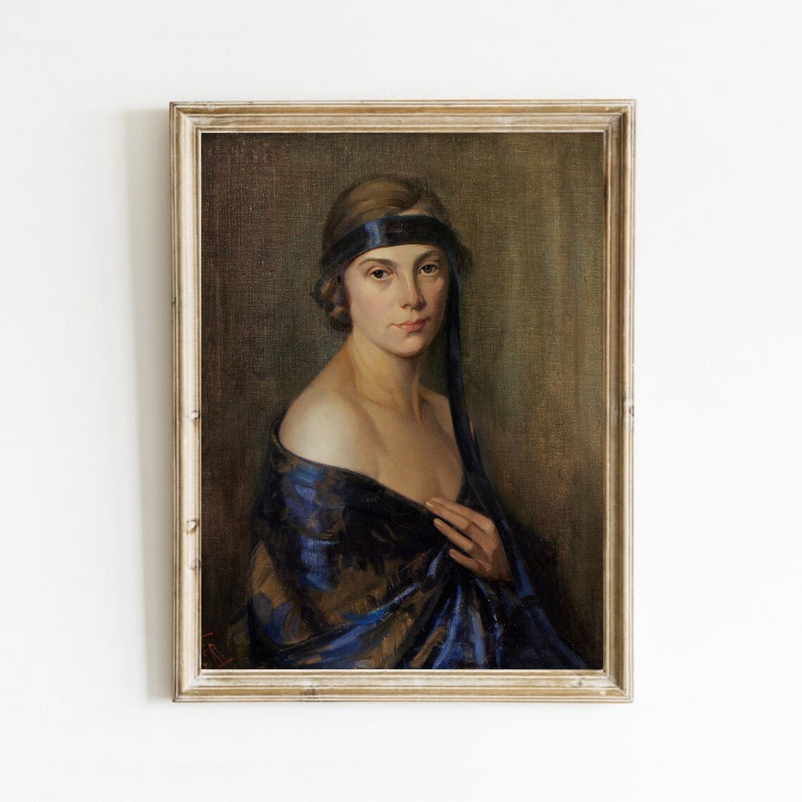 Vintage Woman Portrait Blue Shawl Antique Oil Painting Elegant Art Poster