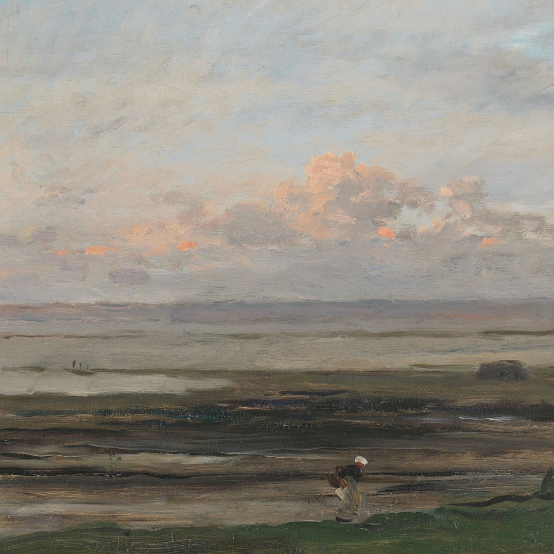 Hazy Beach Seascape Tidal Flats Pink Clouds Lone Figure Vintage Poster - Image 2