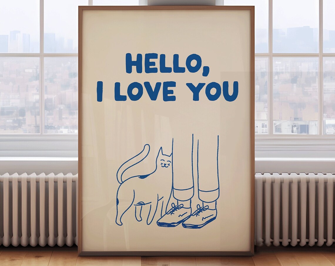 Hello I Love You Blue Cat Line Art Cream Cute Pet Lover Quote Poster