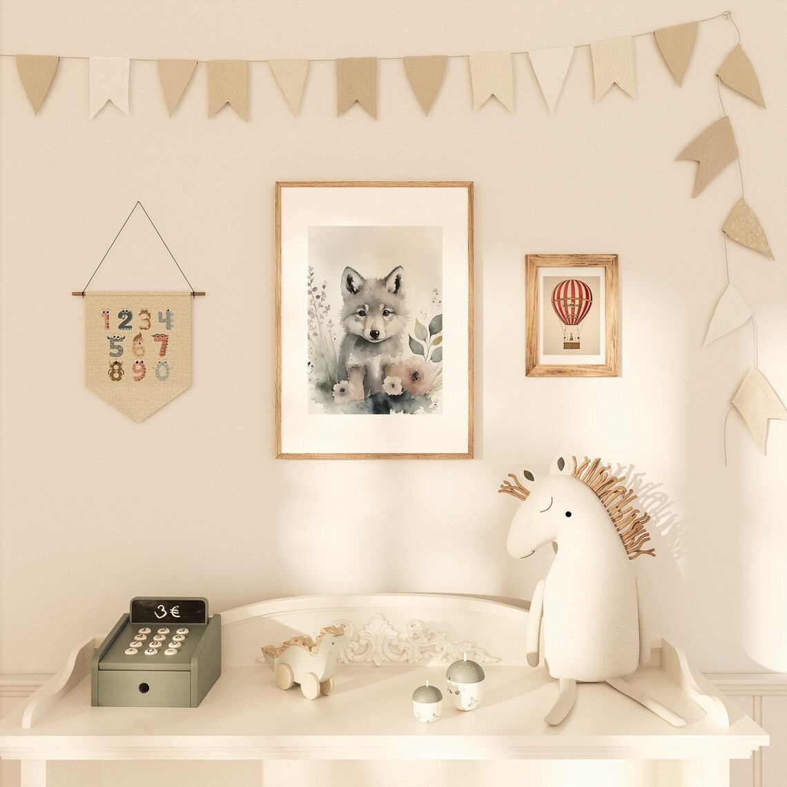Baby Wolf Pup Watercolor Portrait With Blush Flowers And Leaves Poster - Image 2