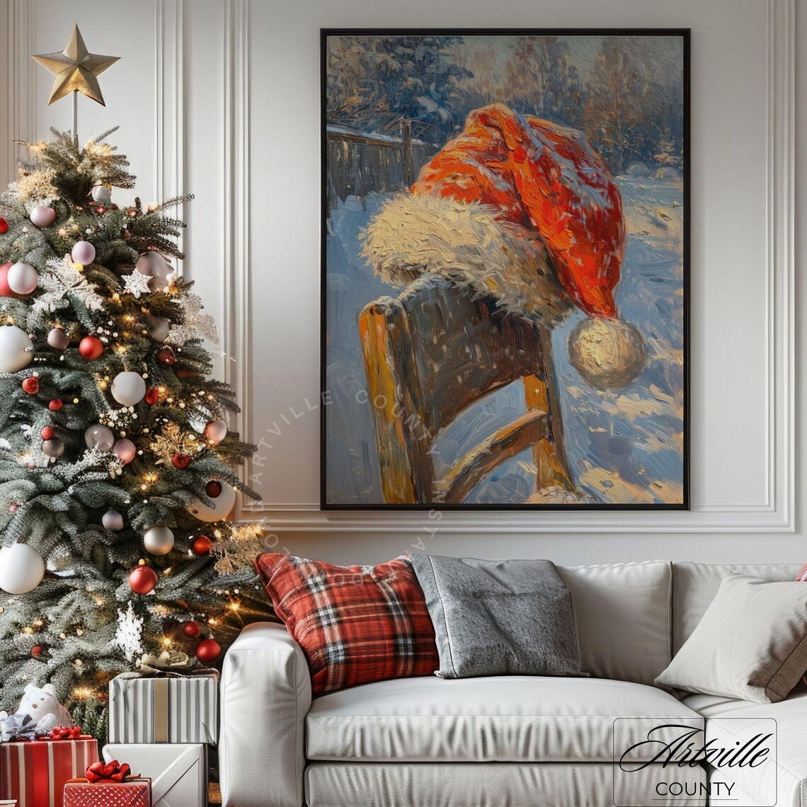 Santa Hat Resting On A Snowy Wooden Chair Vintage Christmas Poster - Image 4