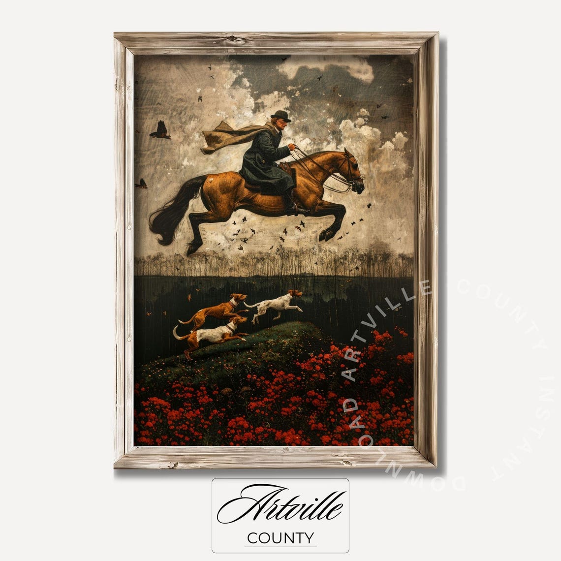 Vintage Hunting Art Antique Horse Rider Print Equestrian Wall Art Vintage Landscape Painting Hunting Dogs Art