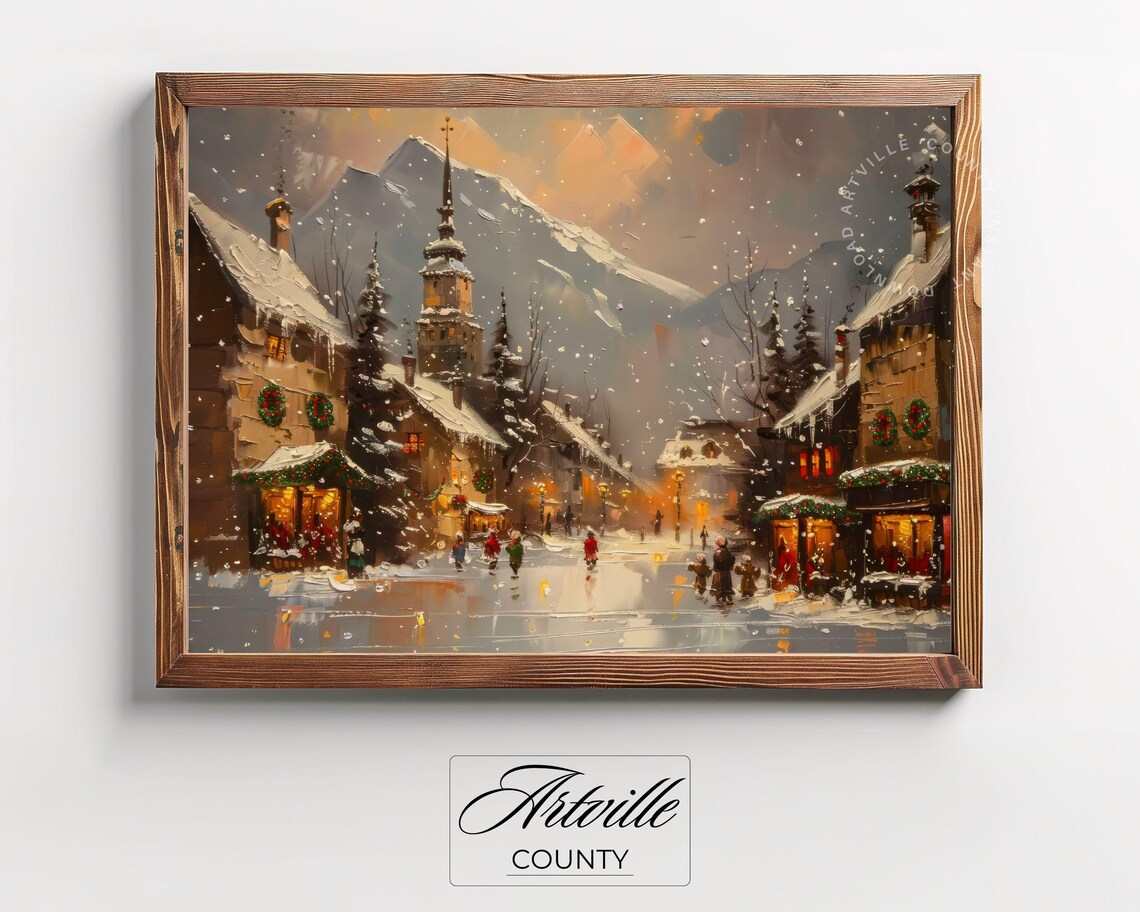 Snowy Christmas Village with Church Steeple Winter Scene Poster - Image 3