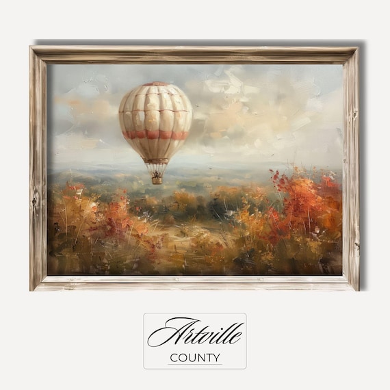 Vintage Hot Air Balloon Floating Over Golden Autumn Fields Poster