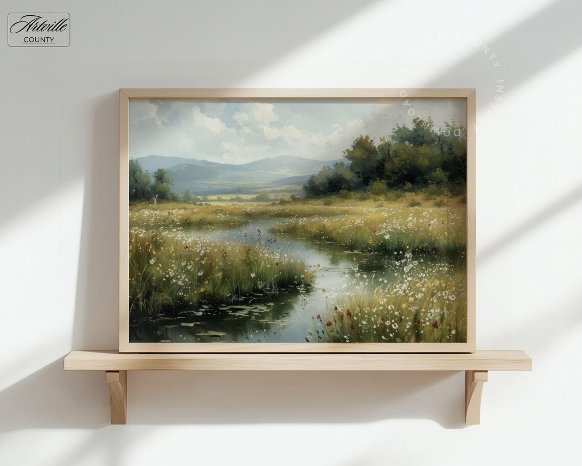 Spring Landscape Painting Vintage Wildflowers Art Print - Image 3