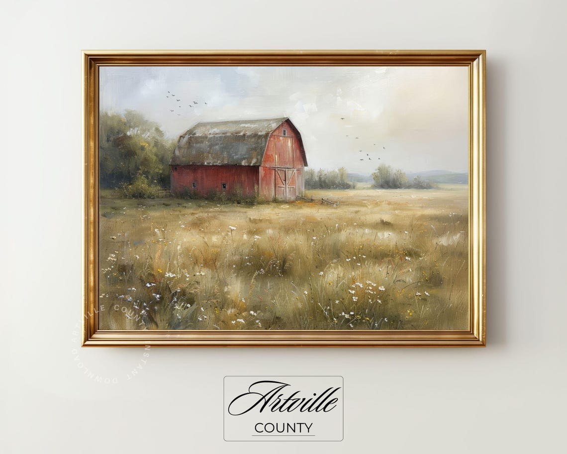 Countryside Barn Painting Vintage Cottagecore Print Farmhouse Wall Art Countryside Oil Painting Neutral Cottagecore Art Print - Image 2