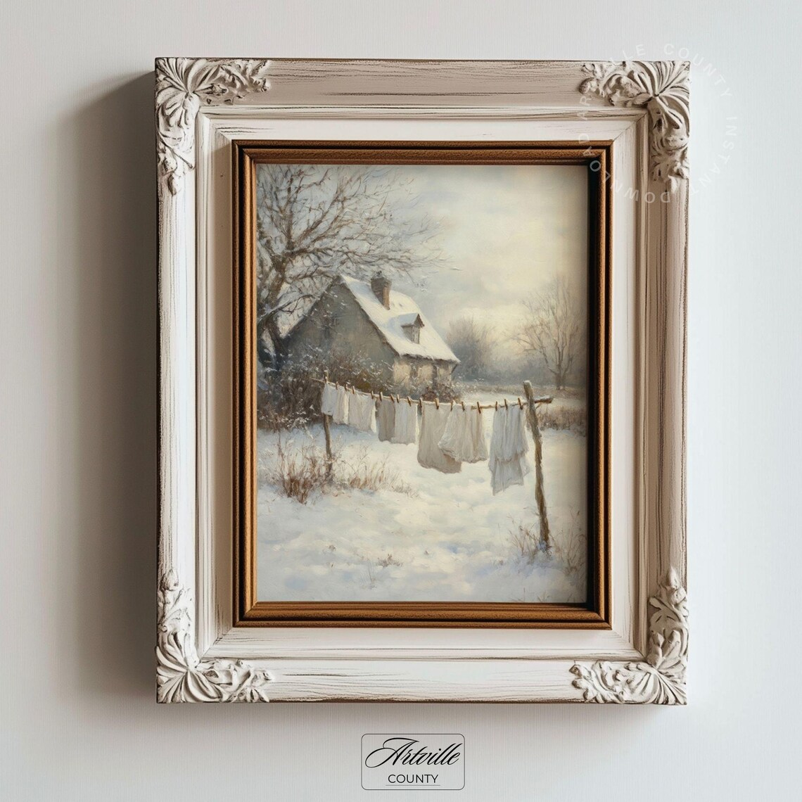 Winter Laundry Day Print, Vintage Country Landscape