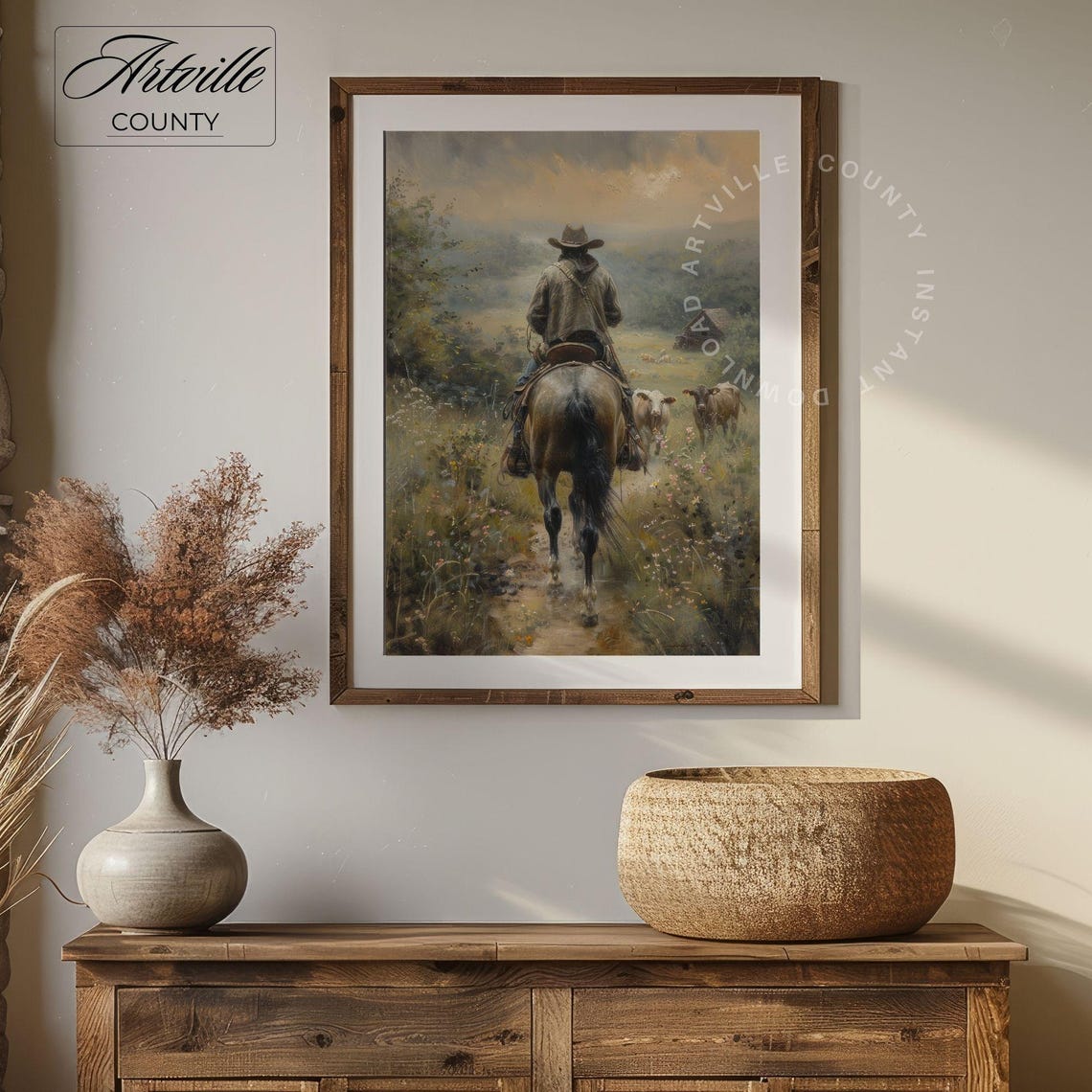 Cowboy Riding Horse Through Wildflowers At Sunset Western Poster - Image 4
