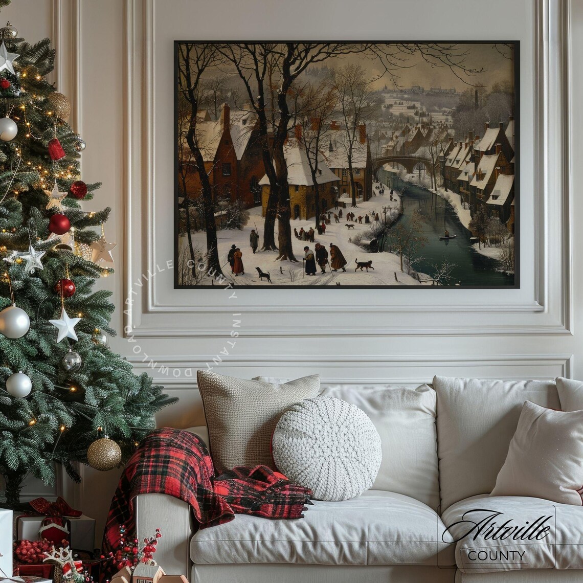 Snowy Country Landscape Painting, Rustic Winter Cottage - Image 3