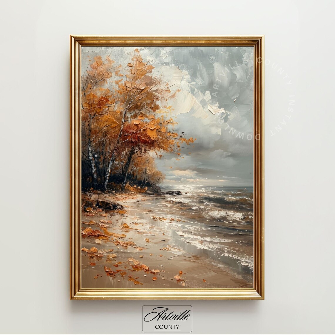 Fall Coastal Landscape Painting, Moody Autumn Seascape - Image 2