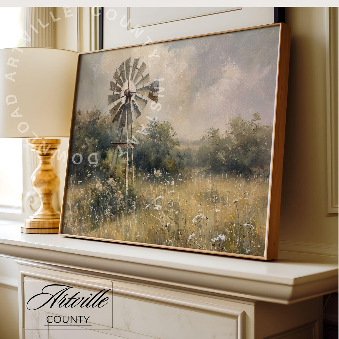 Vintage Windmill Painting, Farmhouse Landscape Art Print - Image 2
