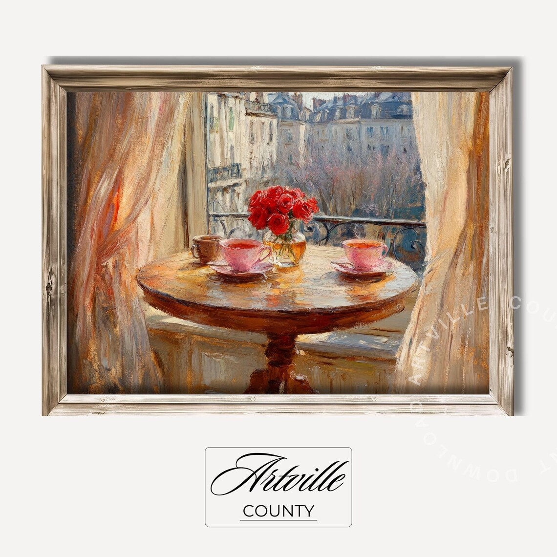 Coffee Roses Sunlit Window Vintage European Cafe Painting Poster