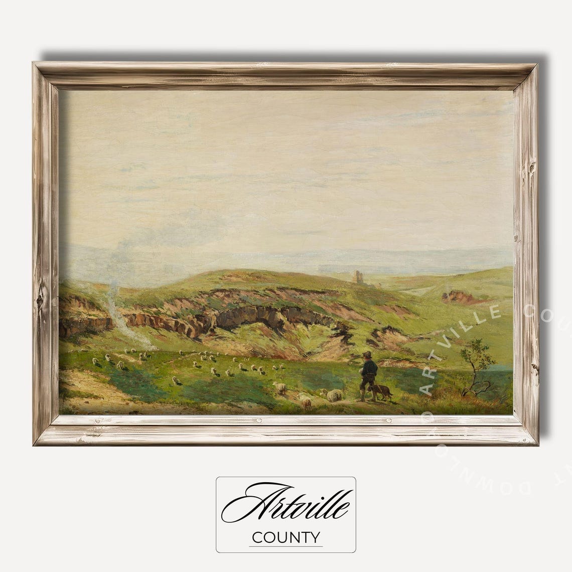 Shepherd With Sheep Flock Vintage Pastoral Hillside Scene Poster
