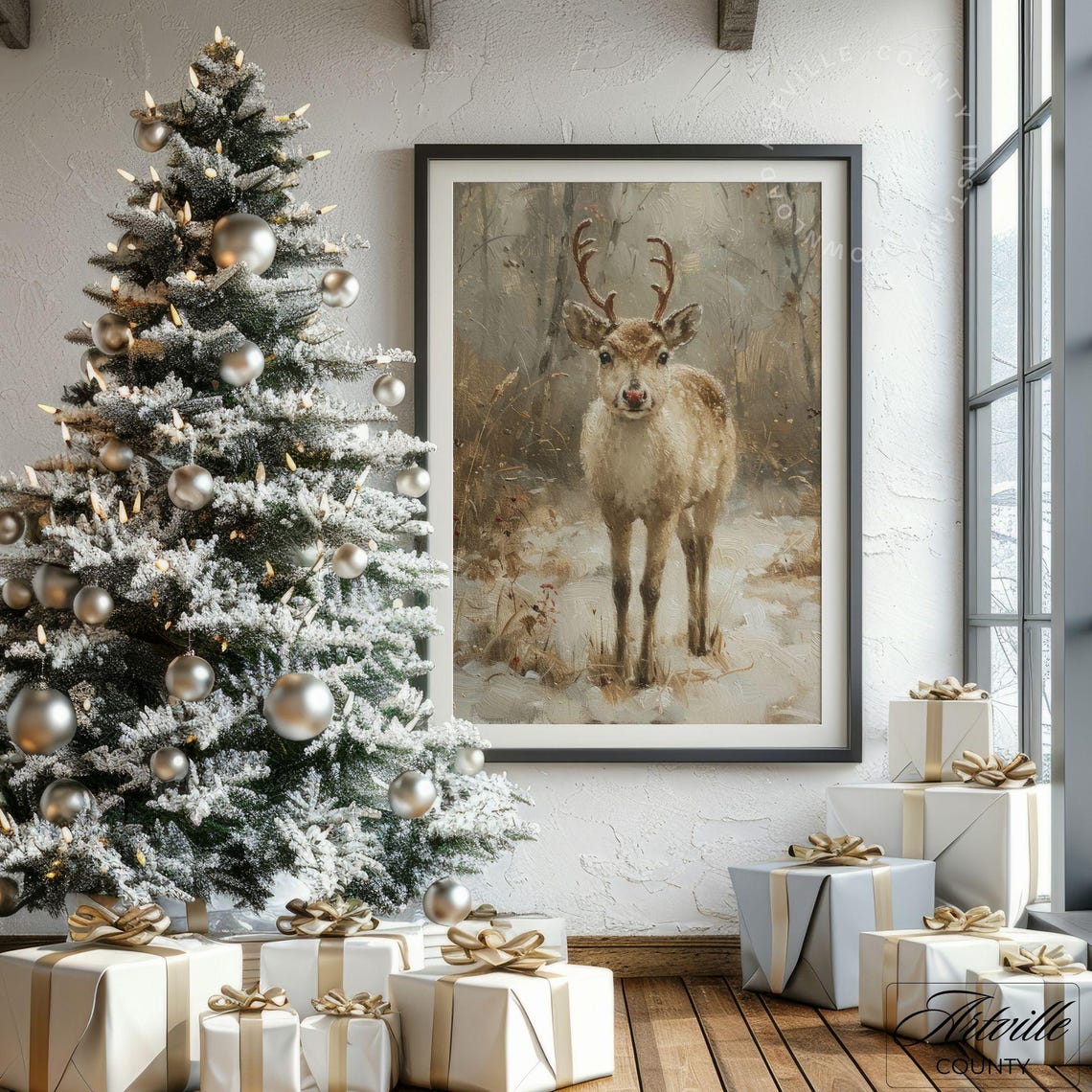 Young Reindeer With A Red Nose Standing In Snowy Woods Poster - Image 4
