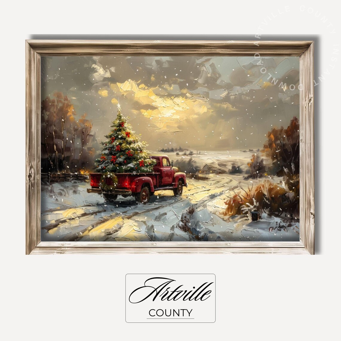 Red Vintage Truck Carrying Christmas Tree On Snowy Road Poster