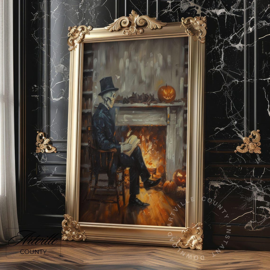 Skeleton Gentleman Reading by Fireplace Halloween Gothic Poster - Image 5
