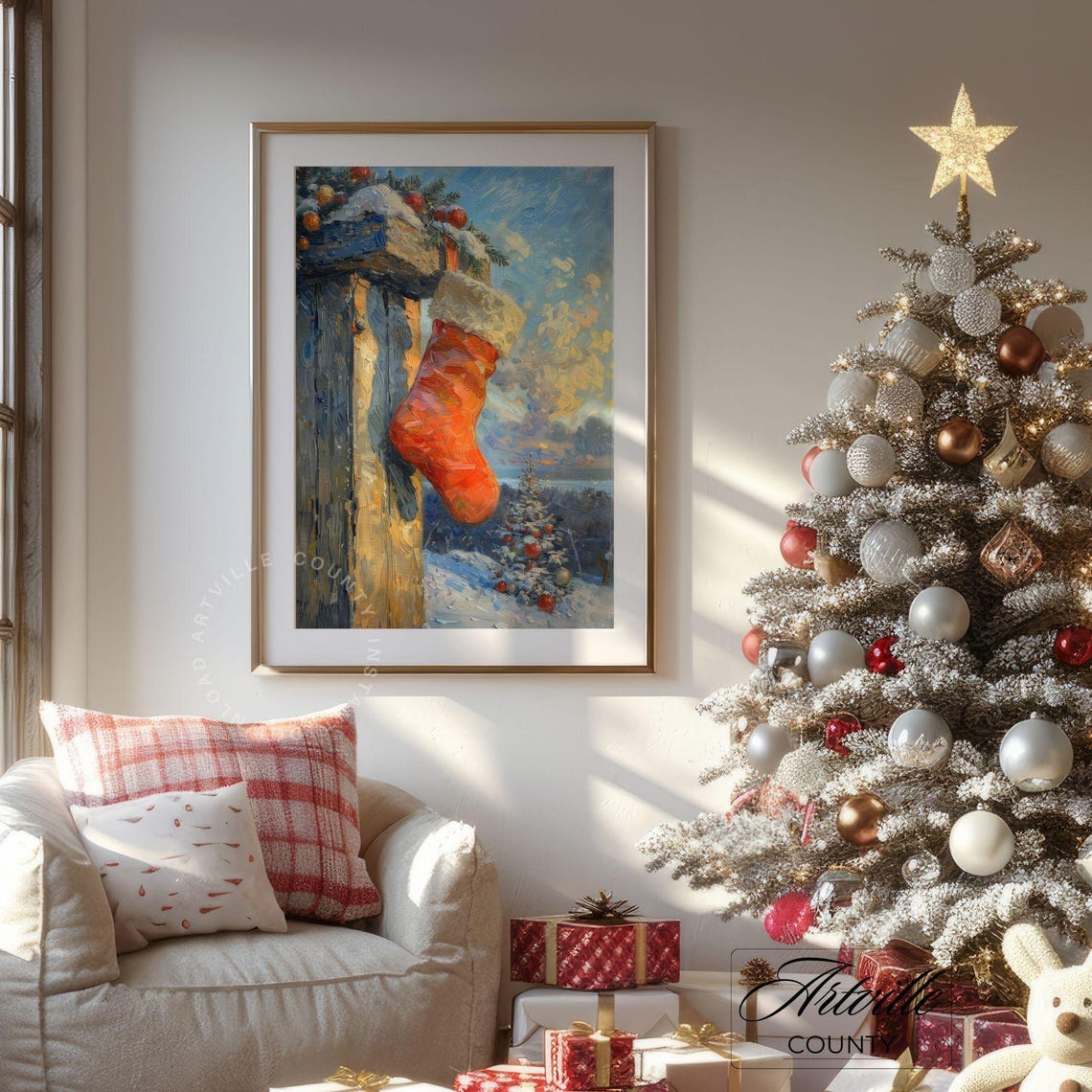 Red Christmas Stocking Hanging On Snowy Porch Holiday Poster - Image 3