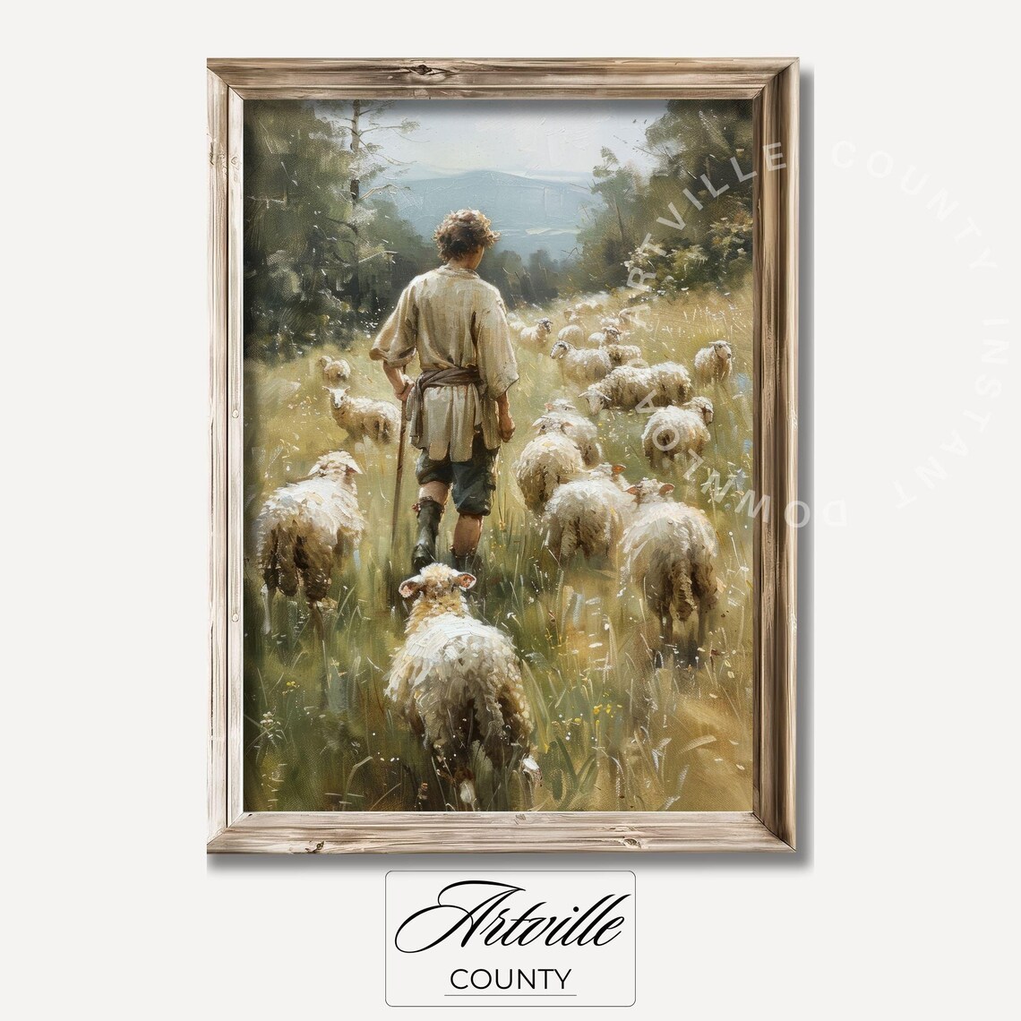 Shepherd With Sheep Vintage Oil Painting Art Print