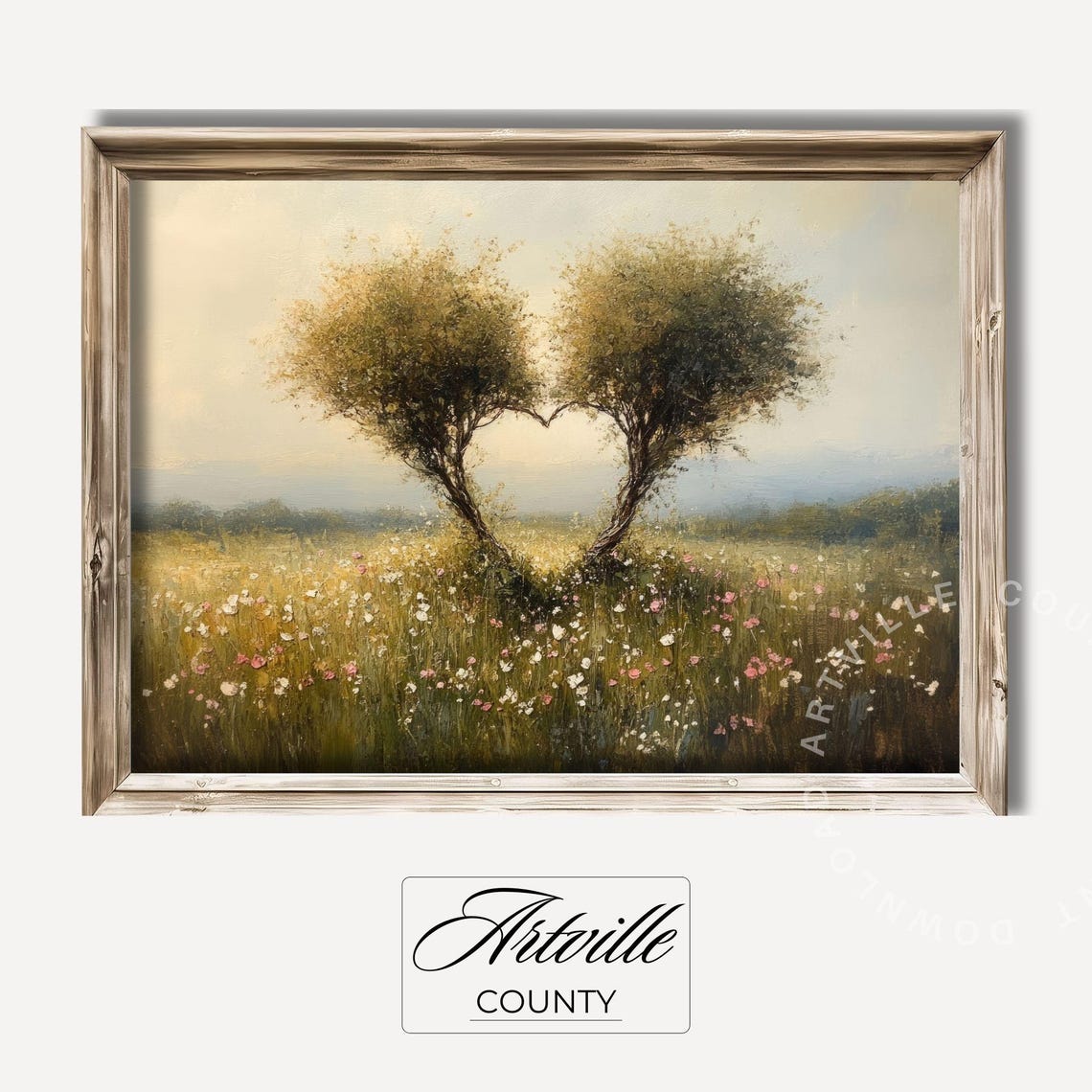 Heart Trees Meadow Wildflowers Vintage Romantic Landscape Poster