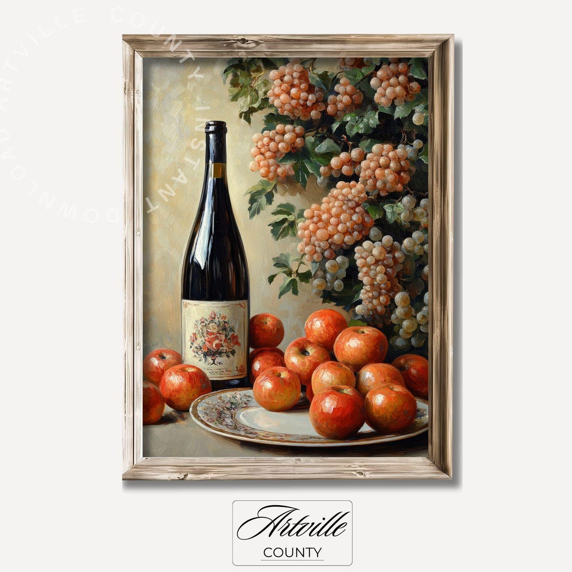 Vintage Wine Bottle Grapes Apples Still Life Painting Rustic Kitchen Wall Art
