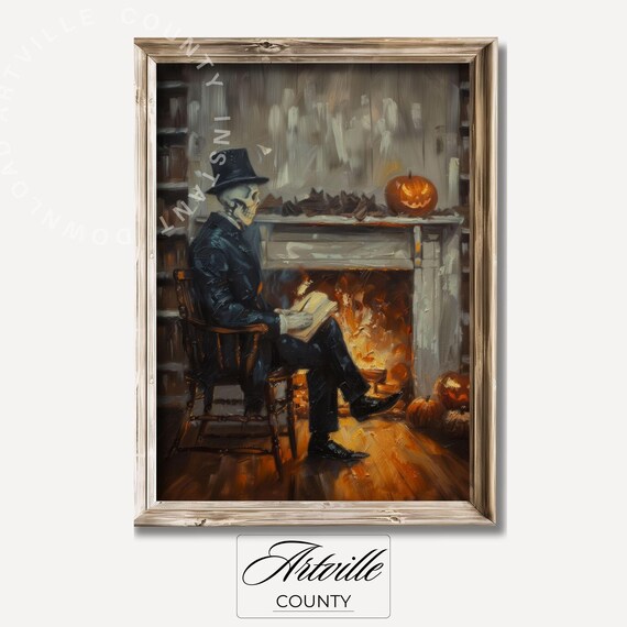 Halloween Skeleton Reading Print Fireplace Moody Art Dark Academia Halloween Decor Vintage Skeleton Wall Art