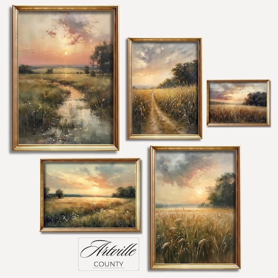 Country Sunset Vintage Landscape Art Print Set