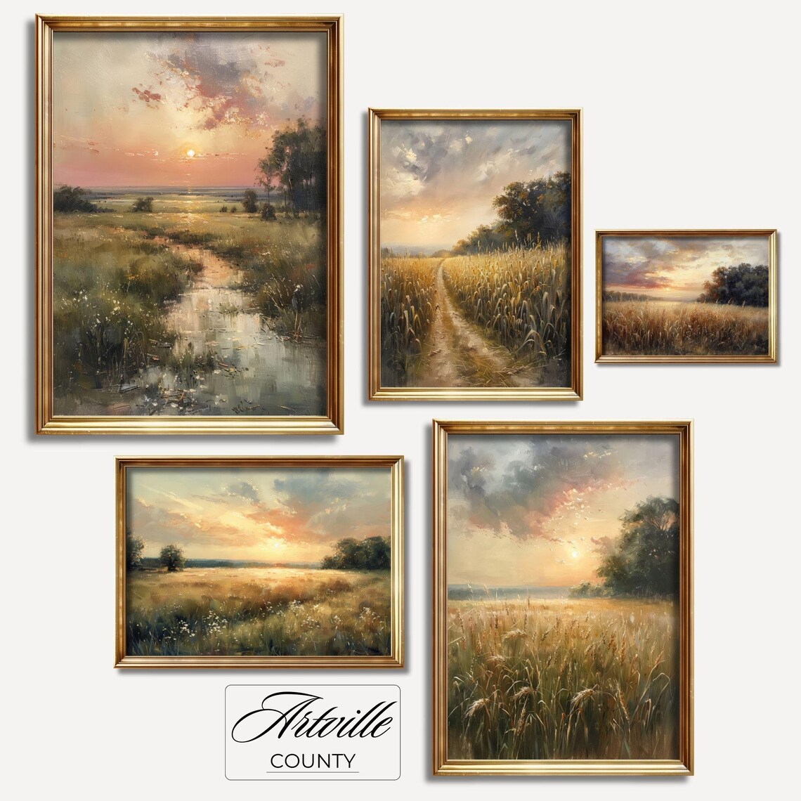 Country Sunset Vintage Landscape Art Print Set