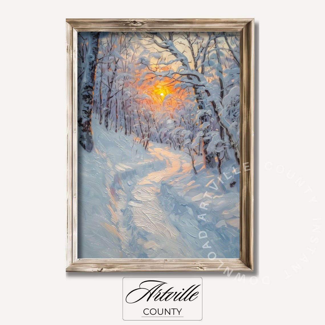 Winter Forest Path at Sunrise Snowy Trees Golden Glow Poster