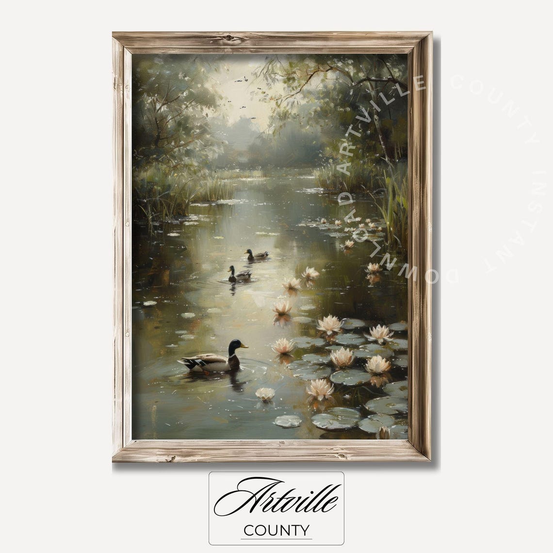 Mallard Ducks Swimming Pond Water Lily Vintage Landscape Poster