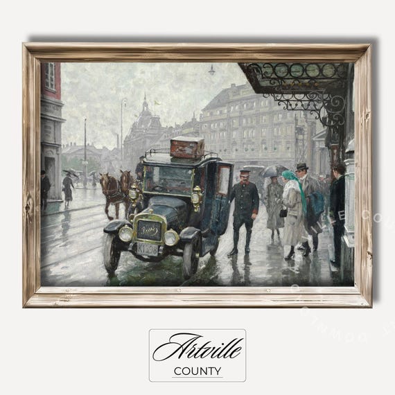 Rainy Day At The Grand Hotel, Vintage Taxi Travel Poster