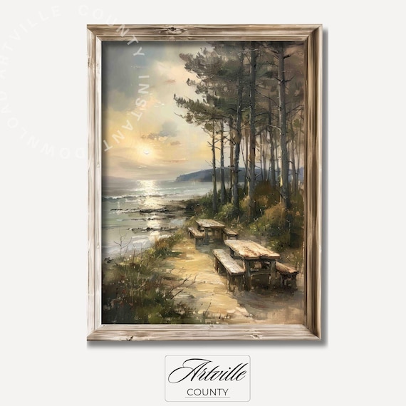 Coastal Pines Picnic Spot Sunset Seascape Painting Art Poster