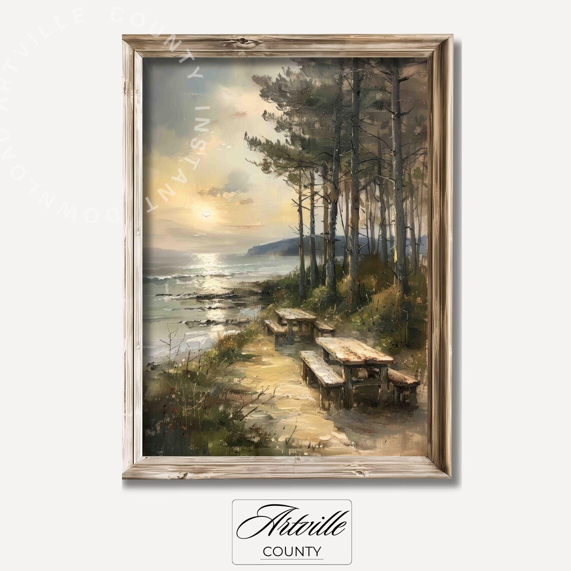 Coastal Pines Picnic Spot Sunset Seascape Painting Art Poster
