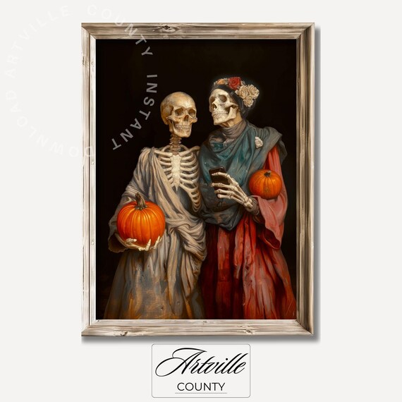 Skeleton Couple Selfie Pumpkins Halloween Funny Vintage Poster