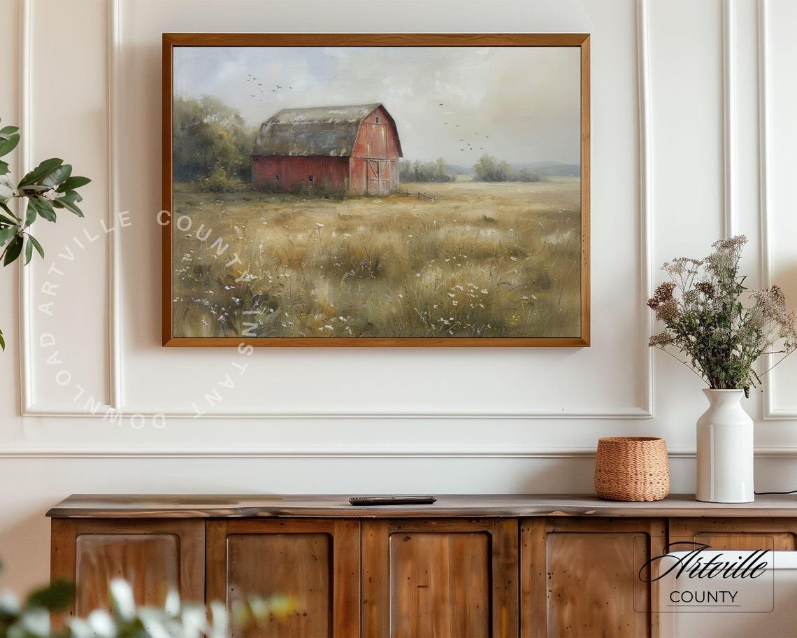 Countryside Barn Painting Vintage Cottagecore Print Farmhouse Wall Art Countryside Oil Painting Neutral Cottagecore Art Print - Image 4