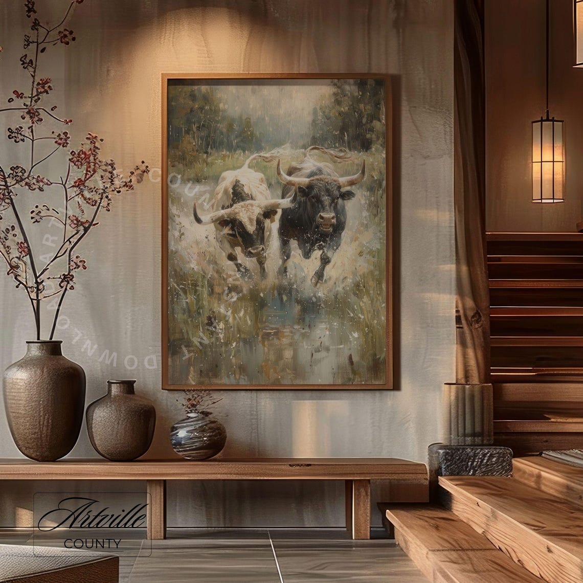 Two Charging Bulls Running Through A River Western Wall Poster - Image 4
