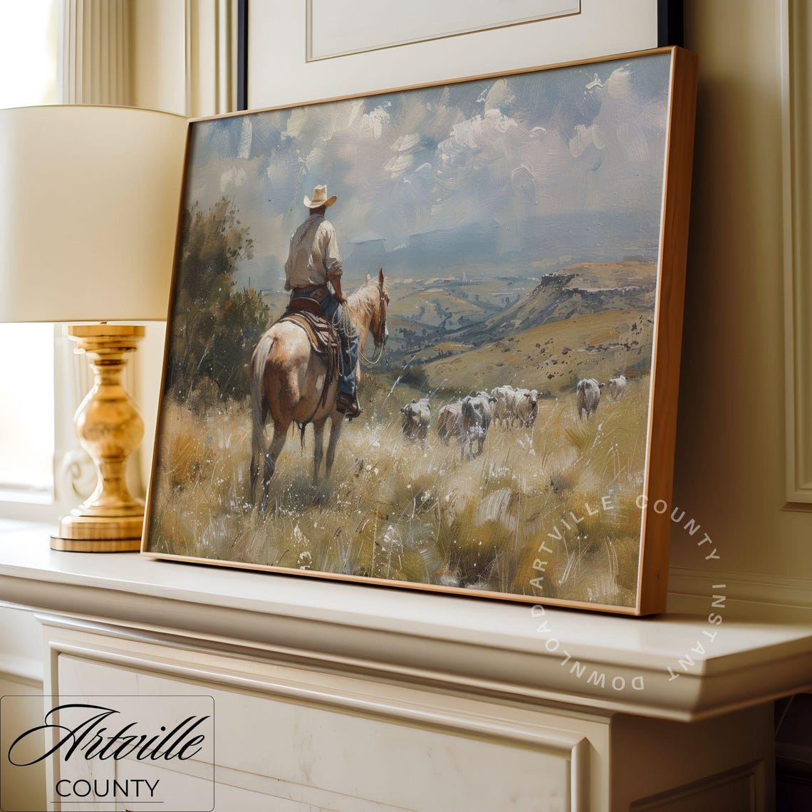 Cowboy on Horseback Watching Cattle Western Frontier Oil Poster - Image 4