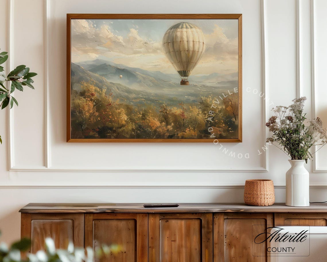 White Hot Air Balloon Drifting Over A Mountain Valley Scene Poster - Image 4