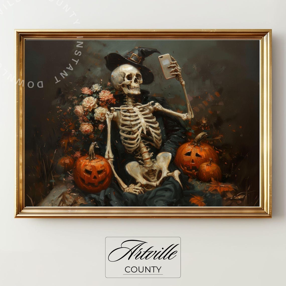 Skeleton in Witch Hat Selfie with Jack-o-Lanterns Gothic Poster - Image 2