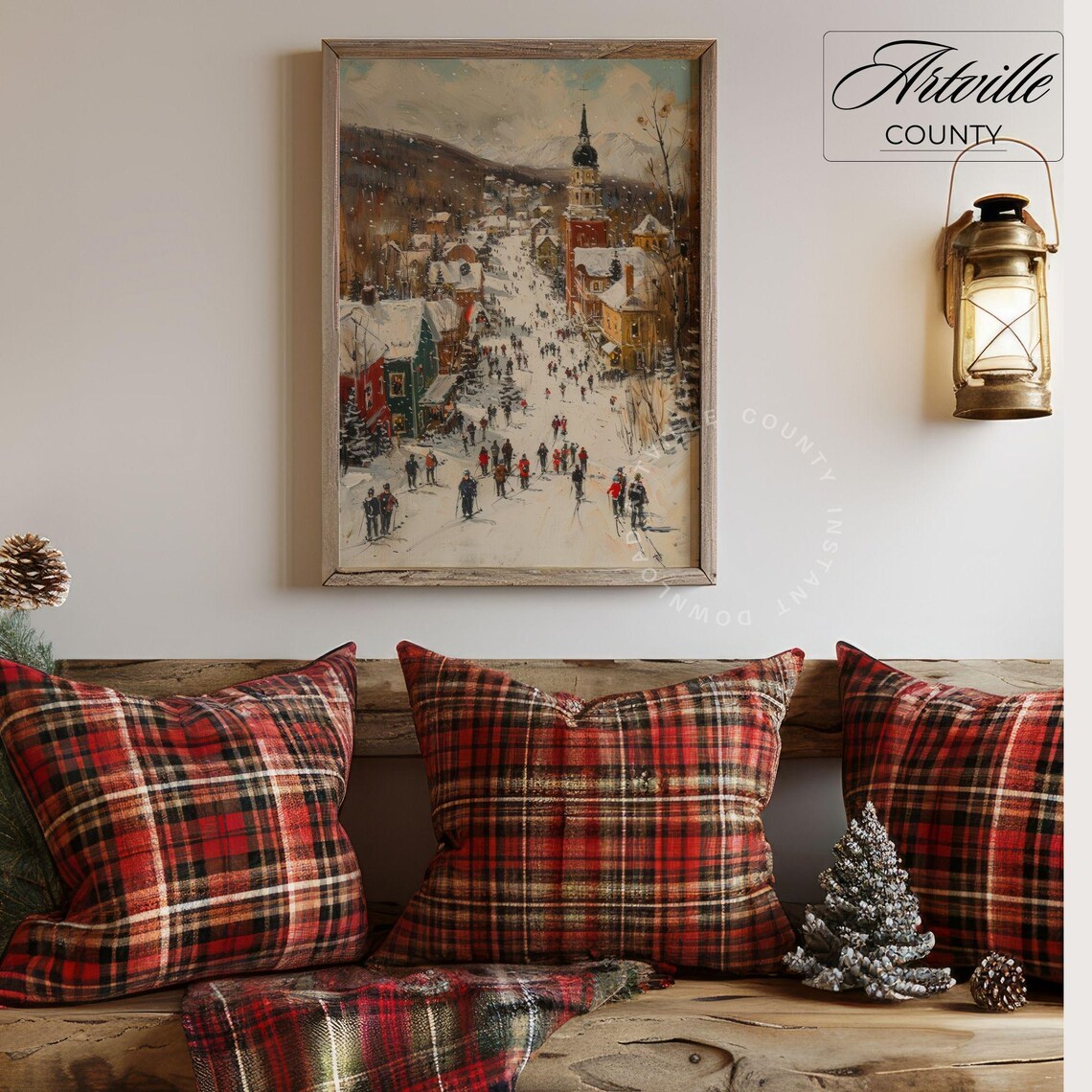Vintage Ski Village Winter Landscape Art Print - Image 3