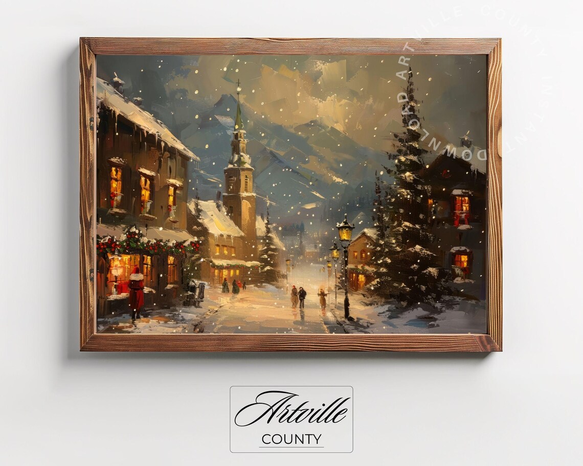 Snowy European Village Christmas Night Glowing Street Poster - Image 2
