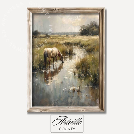 Vintage Horse Pastoral Field Art Print, Farmhouse Decor