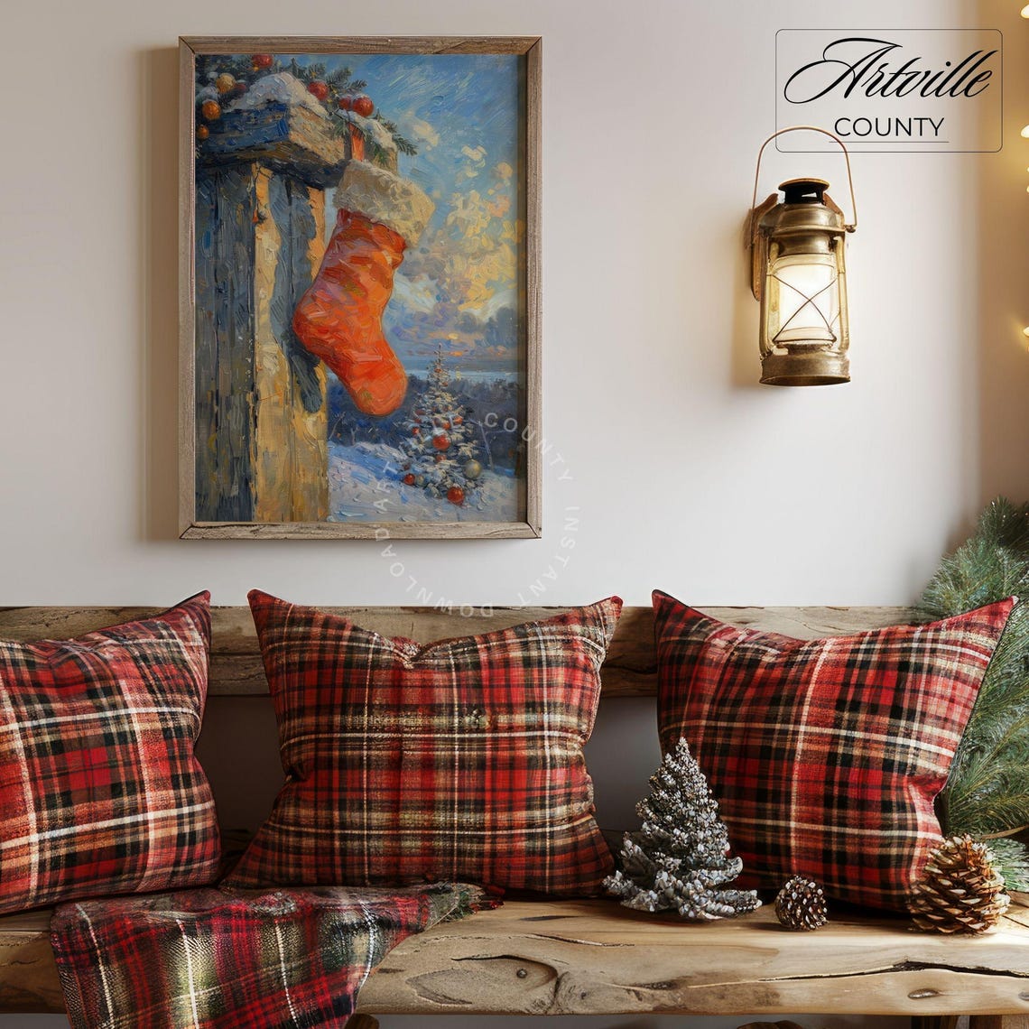 Red Christmas Stocking Hanging On Snowy Porch Holiday Poster - Image 4