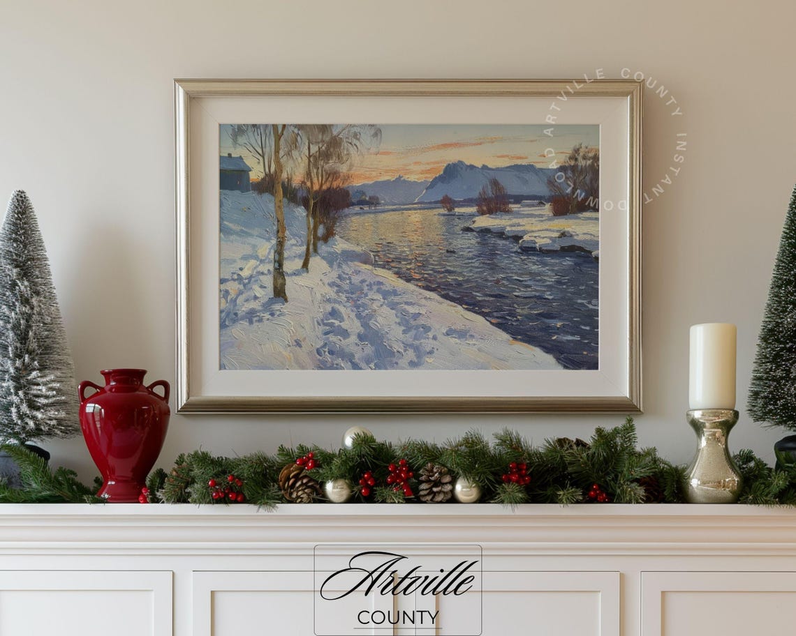Snowy River At Sunset With Snowy Mountains Winter Scene Poster - Image 4