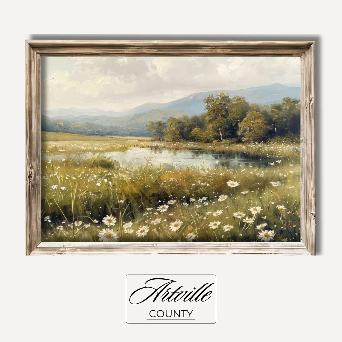 Daisy Meadow Pond Mountains Vintage Wildflower Landscape Poster