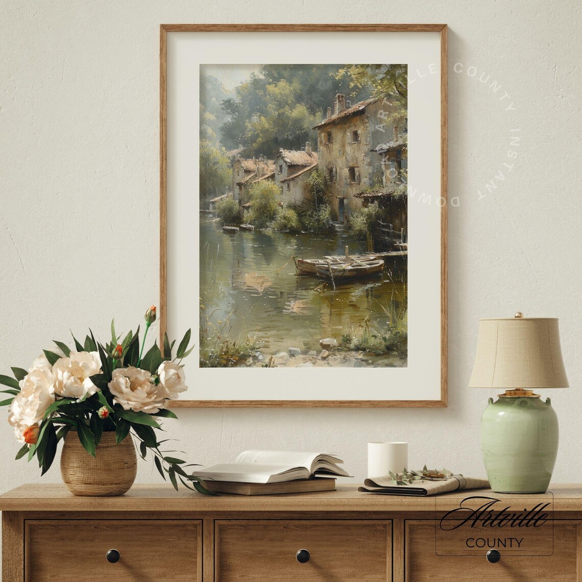 Italian Riverfront Village Boats Vintage European Waterside Poster - Image 3