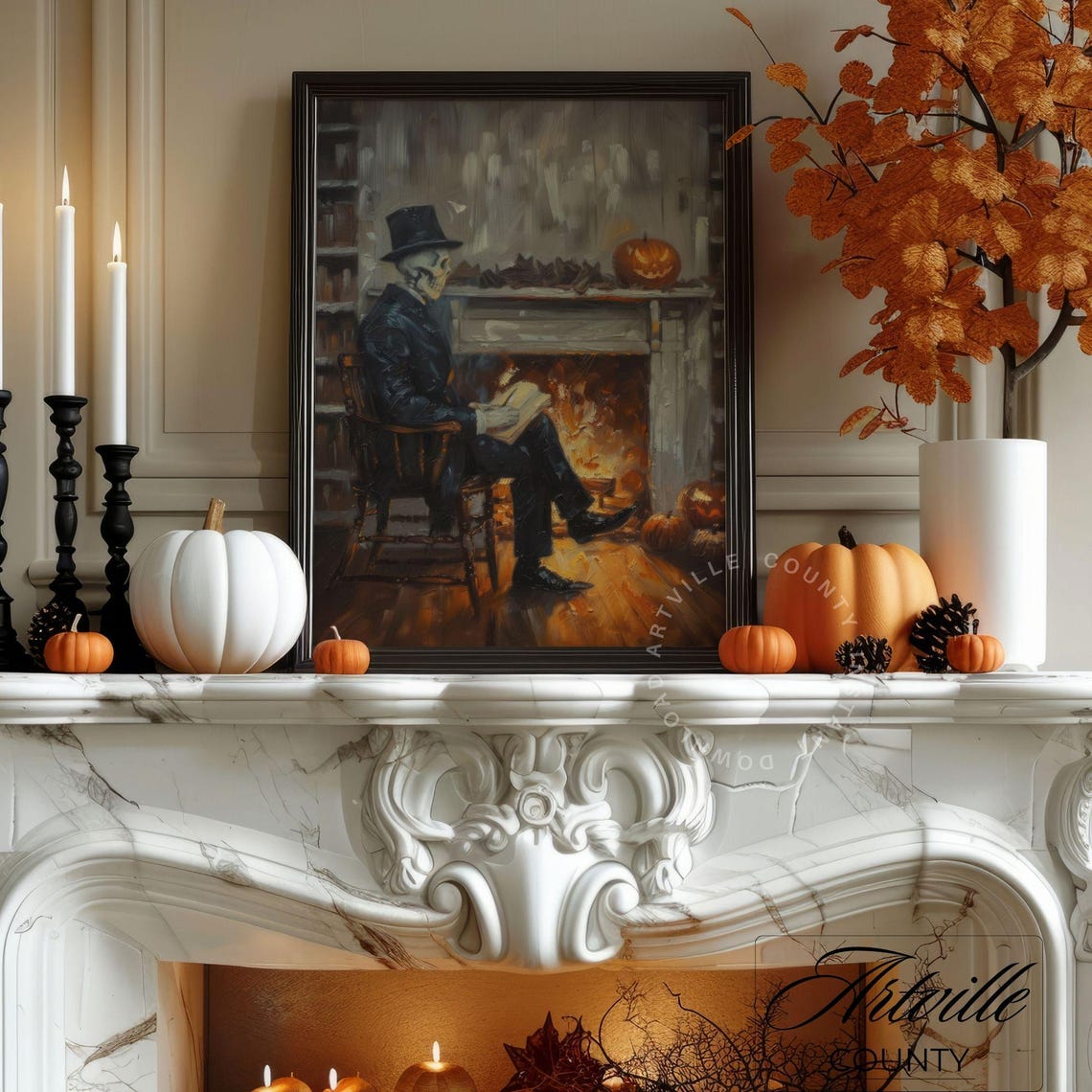 Skeleton Gentleman Reading by Fireplace Halloween Gothic Poster - Image 3